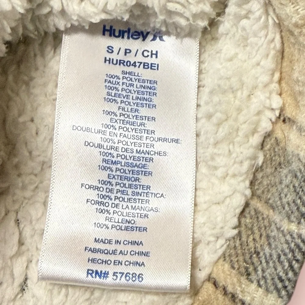 Hurley Plaid Sherpa-Lined Shacket Jacket Beige Tan Gray Small - Picture 5 of 9